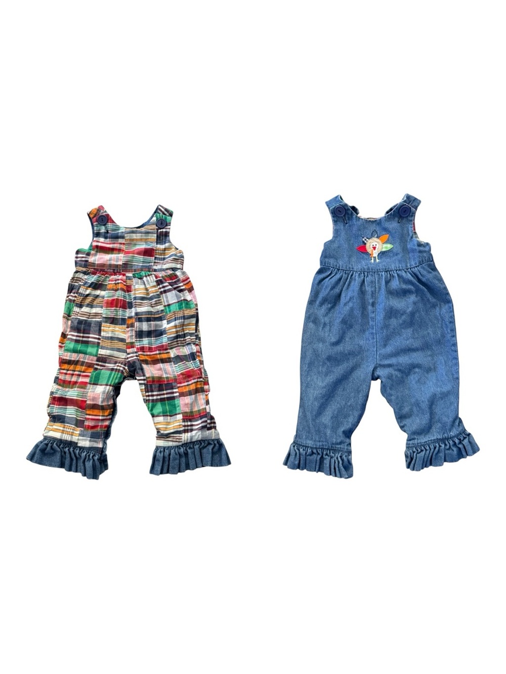reversible baby denim and plaid patchwork overall romper- Size 18 months